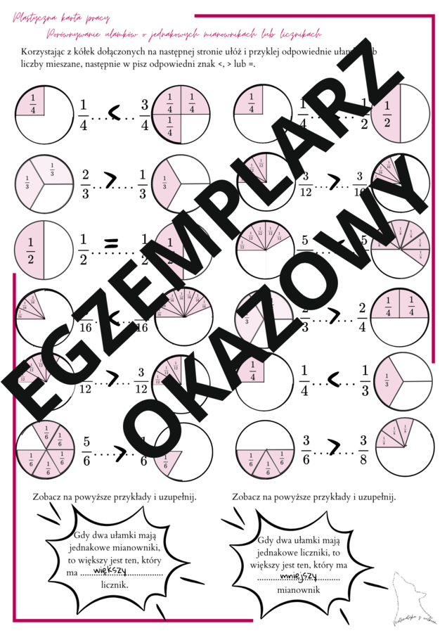 Porównywanie ułamków o jednakowych mianownikach lub licznikach - plastyczna karta pracy
