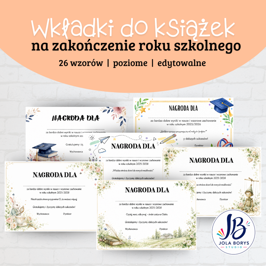 Wkładki do nagród książkowych na zakończenie roku szkolnego – klasy 1–8 SP - edytowalne, poziome