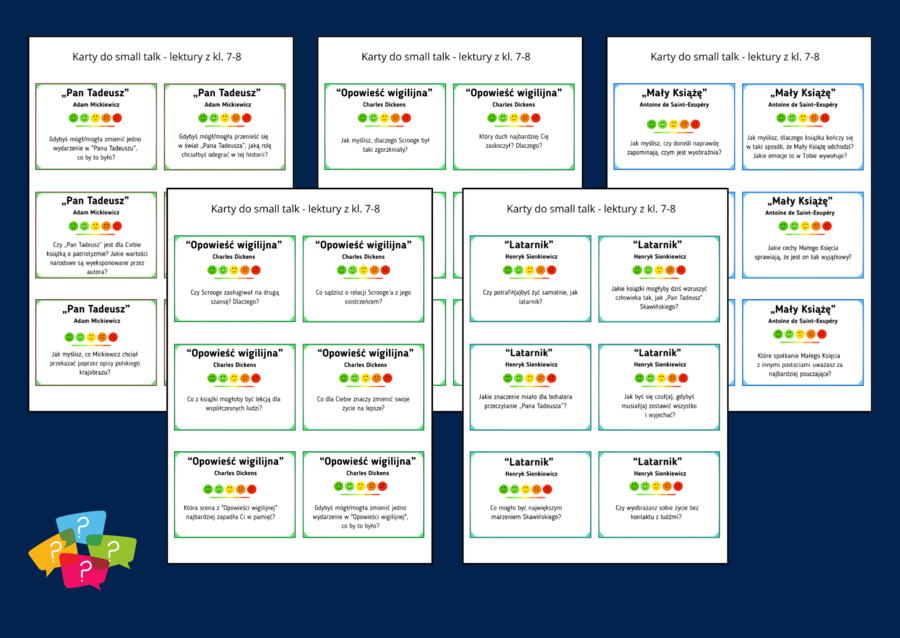 LEKTURY OBOWIĄZKOWE z kl. 7-8 – Karty do SMALL TALK – 252 pytania – 14 lektur - gra