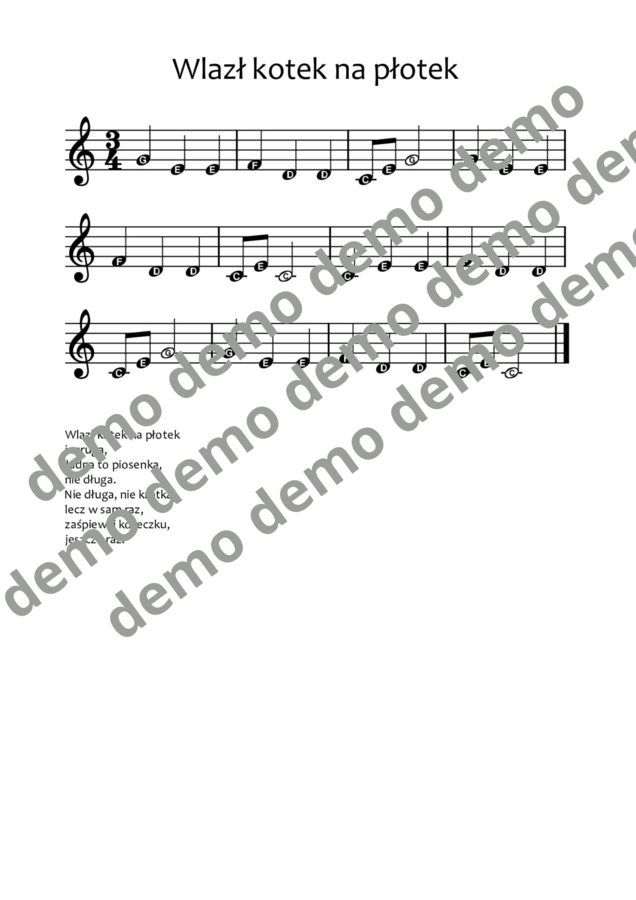 Wlazł kotek na płotek nuty literowe