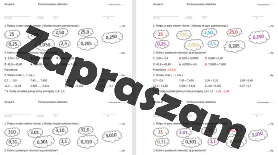 Porównywanie ułamków dziesiętnych – kartkówka / karta pracy