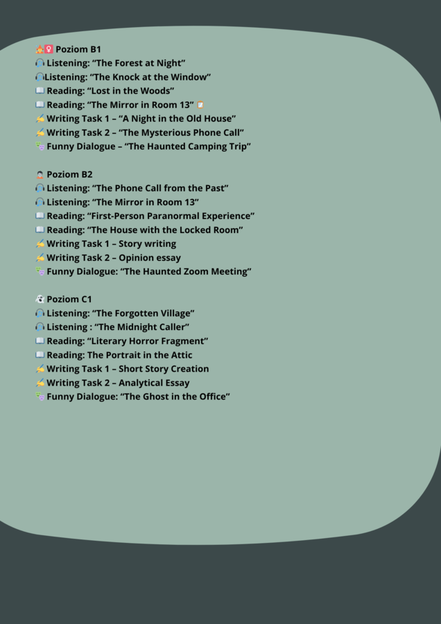 HALLOWEEN 👻🧟‍♀️ SCARY STORIES – Rozszerzony zestaw zadań językowych (A1– C1) 🧛‍♂️🧙‍♀️