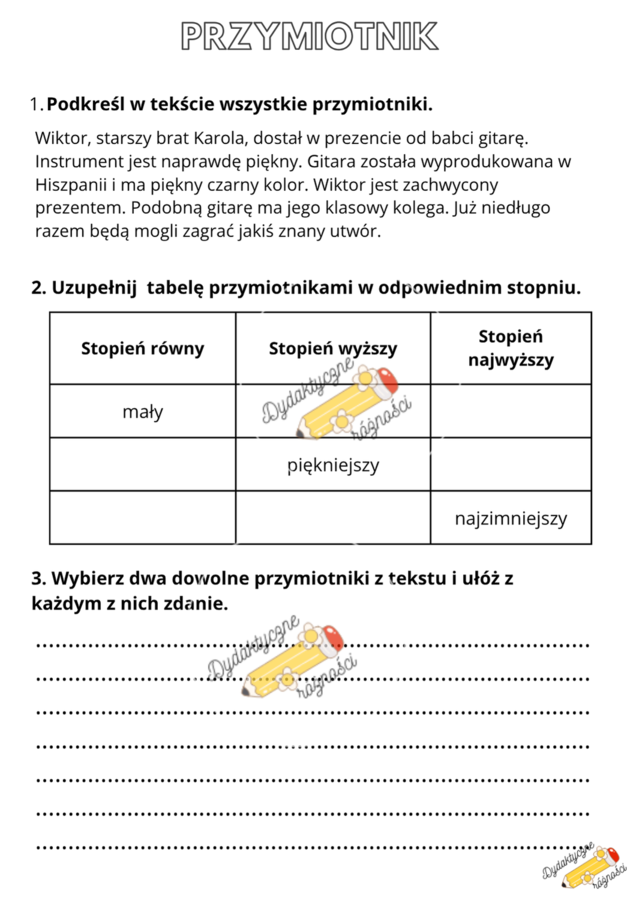 Rzeczownik/Czasownik/Przymiotnik - karty pracy dla klas 3-4