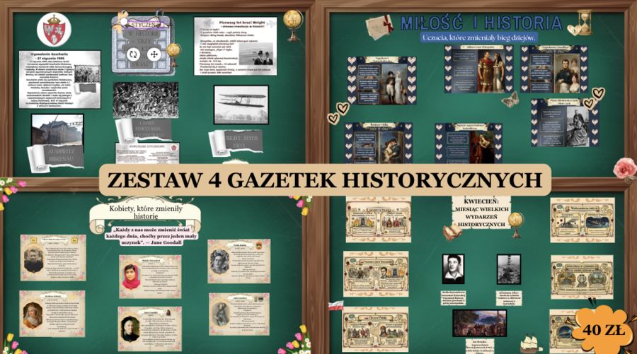 MEGA Zestaw 4 gazetek historycznych na styczeń, luty, marzec i kwiecień| Styczeń- miesiąc ważnych wydarzeń historycznych| Luty-Miłość i Historia|Marzec-kobiety które zmieniły historię| Kwiecień - miesiąc wielkich wydarzeń