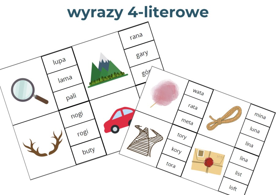 Wyrazy 4-literowe (małe litery) - zabawa klamerkowa
