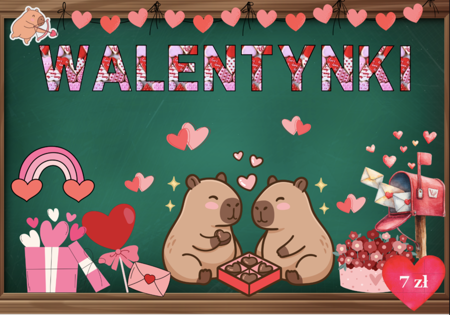 💗 Gazetka Walentynkowa 'Zakochane Kapibary| Główna grafika to plakat XXL- 4 x A4| Idealna dekoracja sali lub korytarza| 30 stron do druku