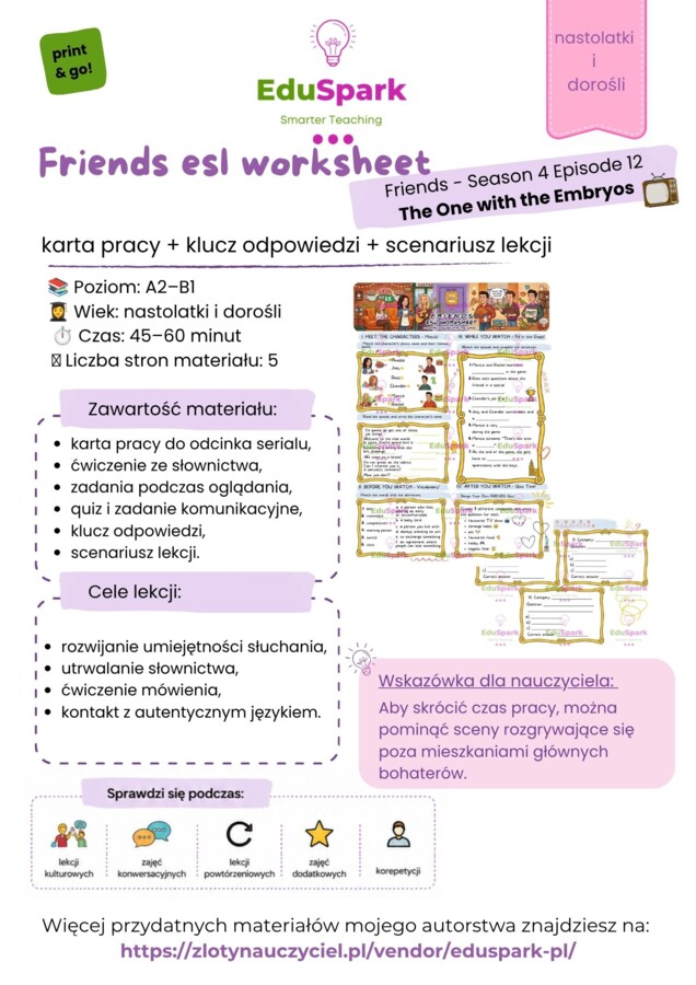 Friends ESL Worksheet | The One with the Embryos (S04E12) | A2–B1 | Karta pracy + scenariusz lekcji
