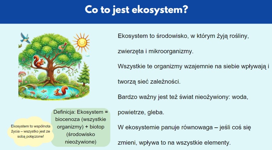 Prezentacja multimedialna. Różne ekosystemy (las, jezioro, góry). Zależności między organizmami