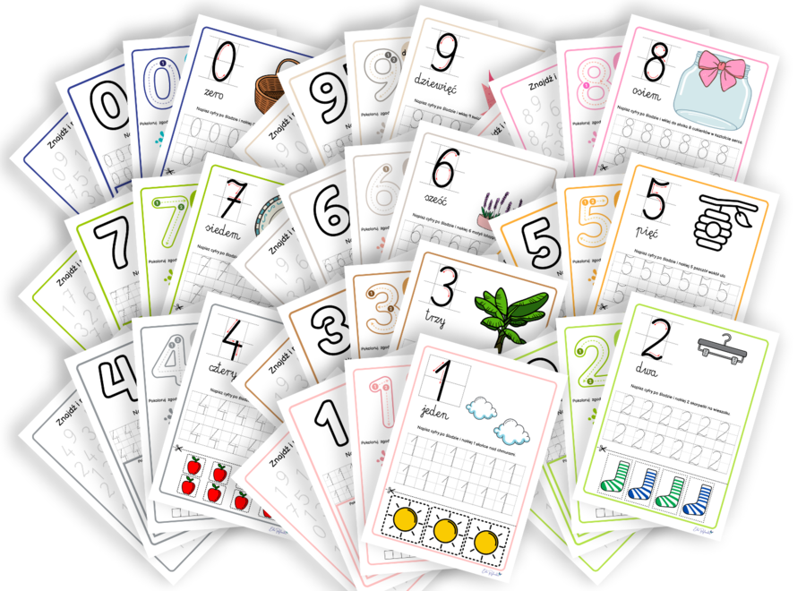 CYFRY 0-9 - ZESTAW - liczby, liczenie, pisanie, poznawanie, grafomotoryka, rozpoznawanie, motoryka mała, karty pracy, zerówka, klasa 1