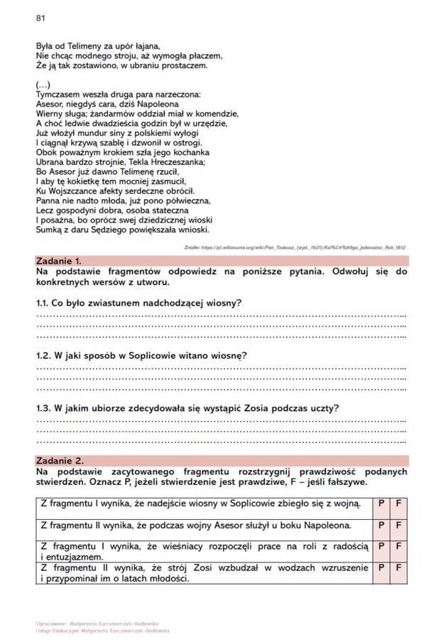 Karta pracy >>Czytanie "Pana Tadeusza"<<