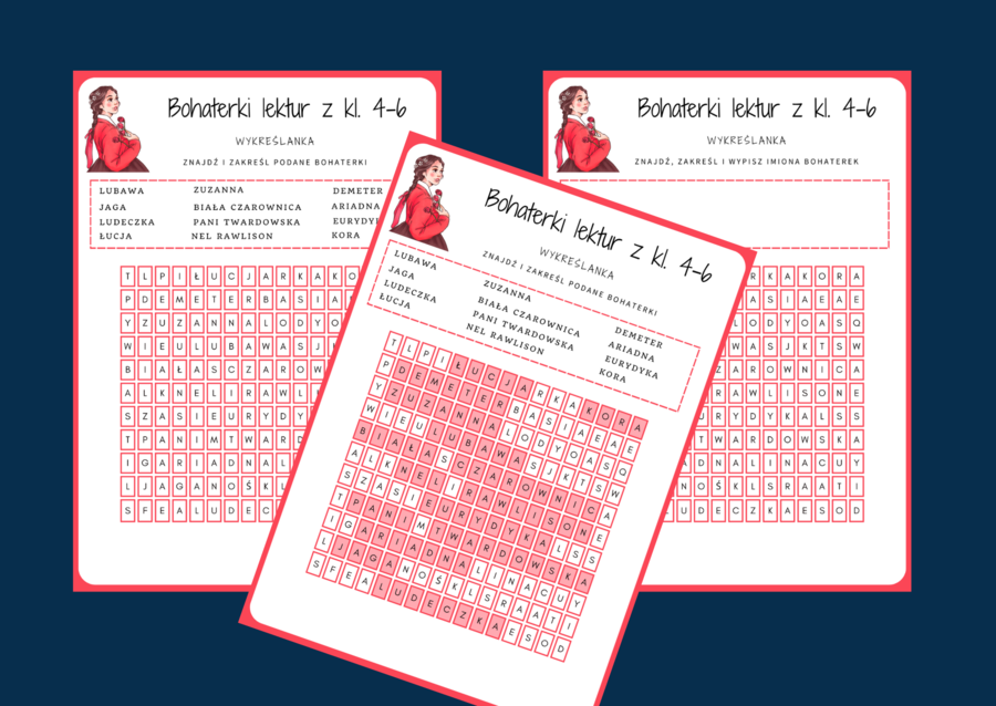 BOHATERKI LEKTUR z klas 4-6 - wykreślanka - powtórka - Dzień Kobiet - walentynki