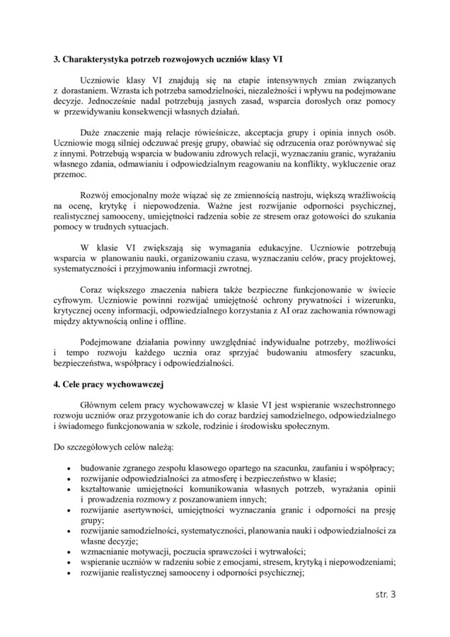 PLAN PRACY WYCHOWAWCZEJ dla klasy VI na rok szkolny 2026/2027