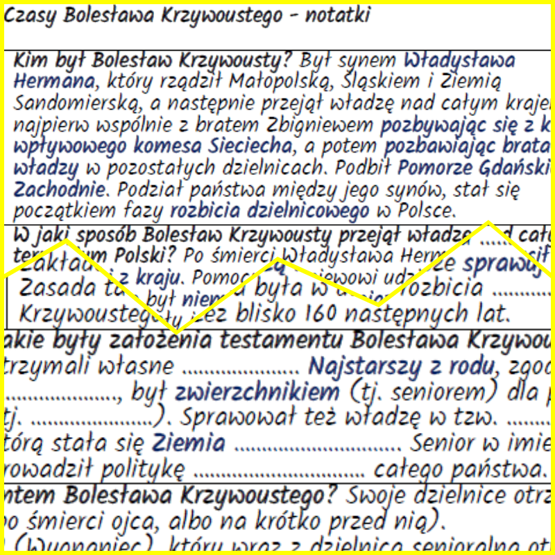 Czasy Bolesława Krzywoustego – notatki i karta pracy