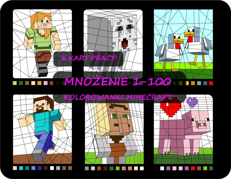 Kolorowanka matematyczna Minecraft, tabliczka mnożenia, mnożenie liczb dwucyfrowych 1-100, kolorowanie po wynikach mnożenia, dzień tabliczki mnożenia
