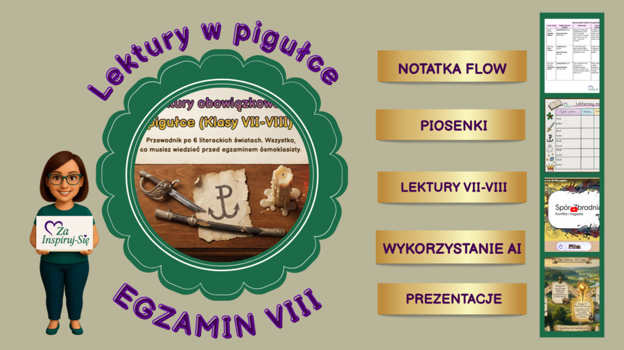 Lektury do egzaminu ósmoklasisty w pigułce | prezentacje + karty pracy  + odpowiedzi