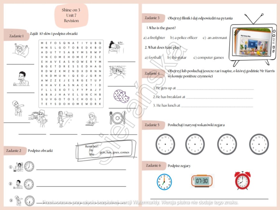 Shine on 3 Unit 7 Busy day Revision + Wordwall