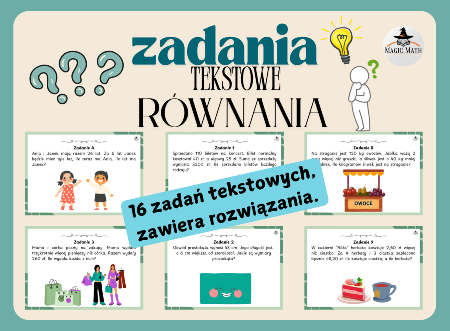 RÓWNANIA - ZADANIA TEKSTOWE, 16 zadań
