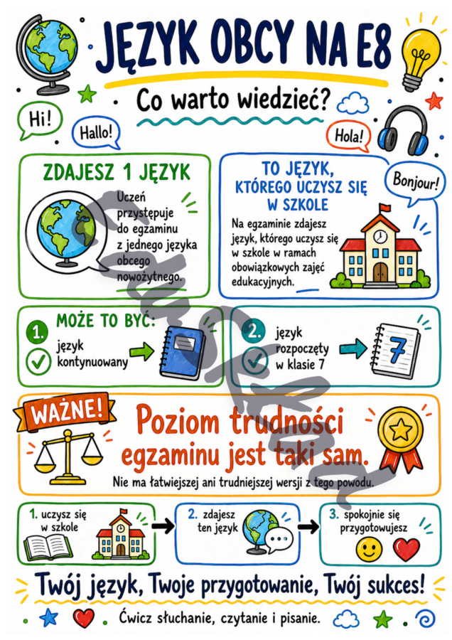 Egzamin ósmoklasisty 2026 – sketchnotki na gazetkę ścienną | 8 kolorowych plansz PNG