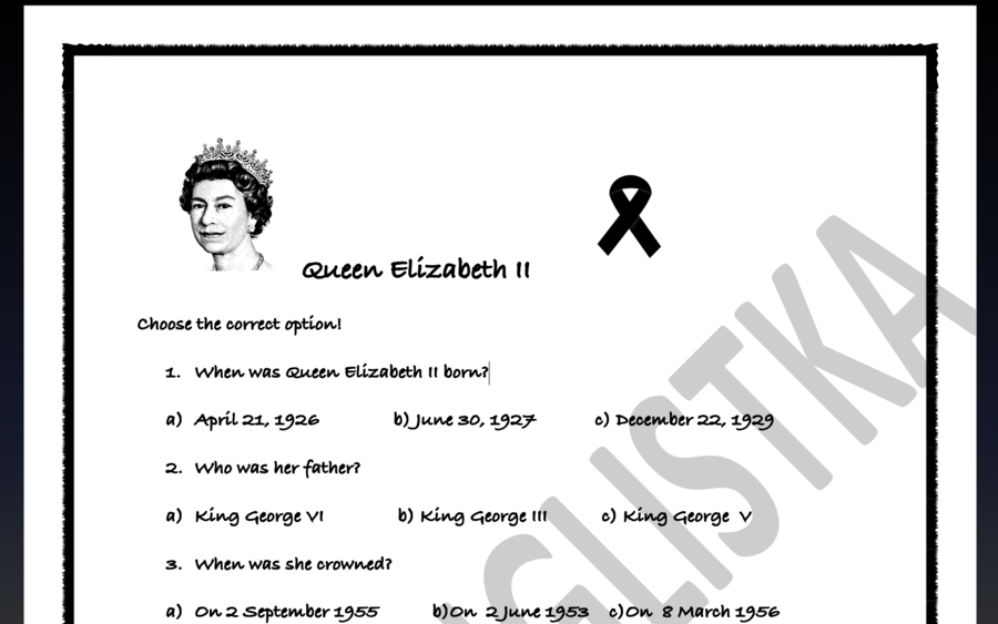 Królowa Elżbieta II- Queen Elizabeth II- QUIZ+ KLUCZ