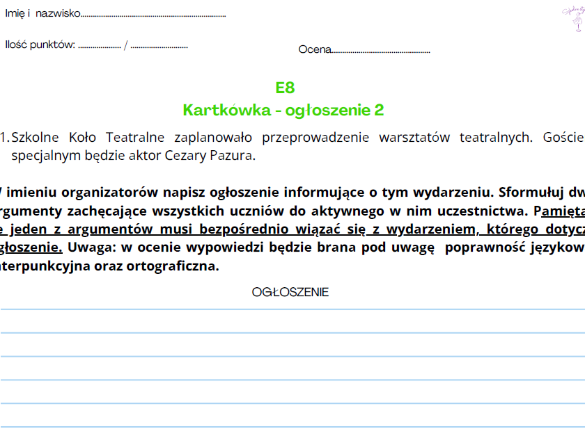 Ogłoszenie nr 2 - kartkówka, egzamin ósmoklasisty,
