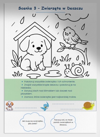 Karty pracy z kolorowaniem scenek z deszczową pogodą