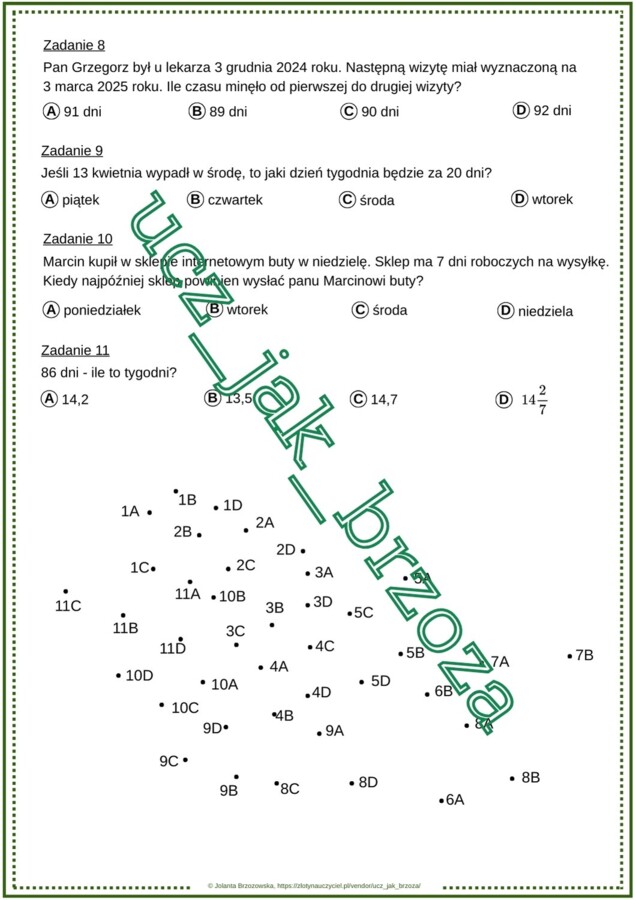 Karta pracy, połącz kropki, obliczenia zegarowe i kalendarzowe, klasa 6, kalendarz i czas