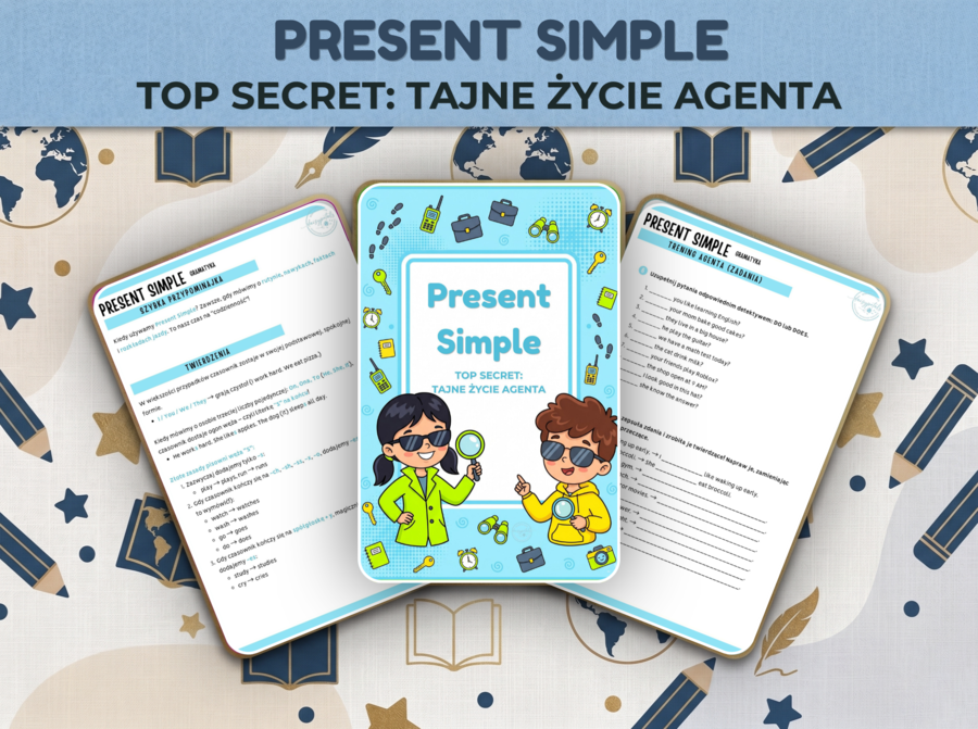 MEGA PAKA Present Simple: Tajne Życie Agenta (A1/A2) + Klucz!