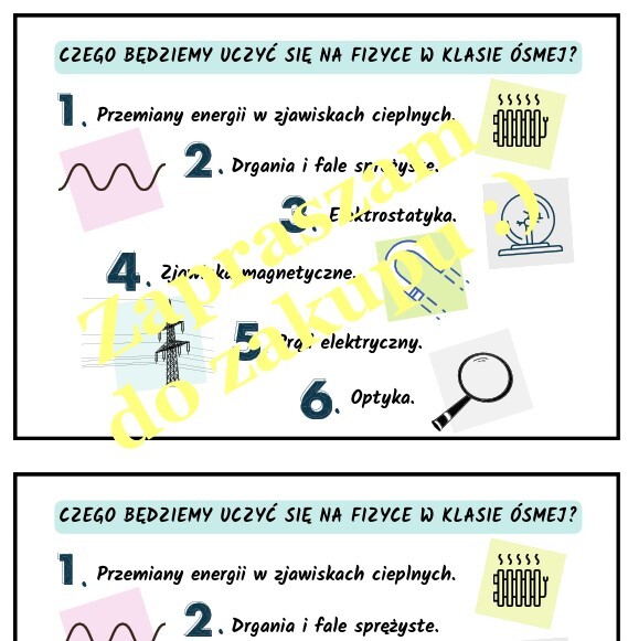 Czego będziemy uczyć się na fizyce w klasie ósmej - wklejka do zeszytu.