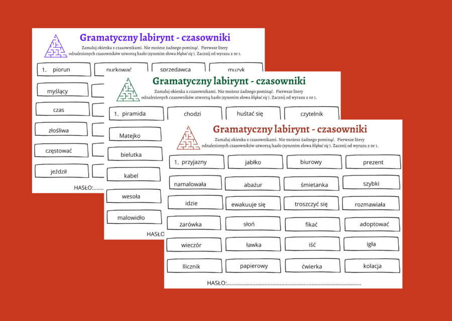 Gramatyczny labirynt - CZASOWNIKI - czasownik - części mowy - karta pracy - kl.4-5