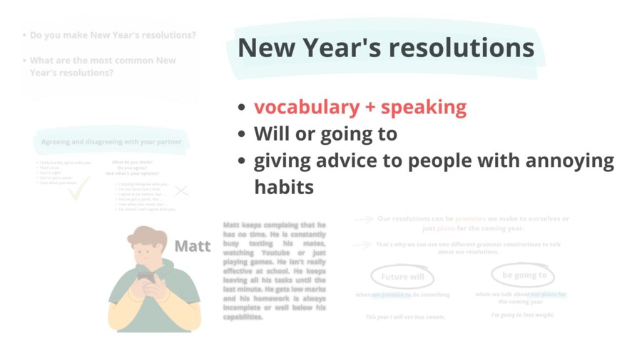 Postanowienia noworoczne, New Year's resolutions, be going to, Future will, matura, speaking