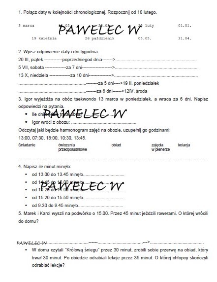 OBLICZENIA KALENDARZOWE I ZEGAROWE - ile czasu/dni upłynęło od... do... - karta pracy, kl. 2, 3, 4