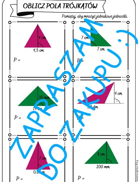 Karta pracy, kartkówka - obliczanie pól trójkątów.
