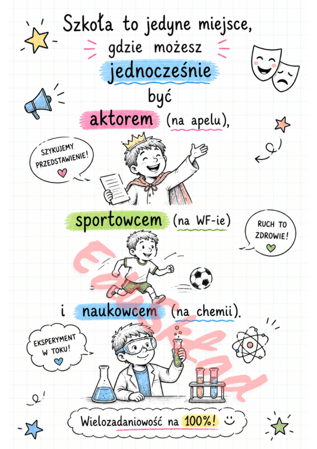 📚 Dlaczego warto chodzić do szkoły? – gazetka szkolna w wersji rysunkowej