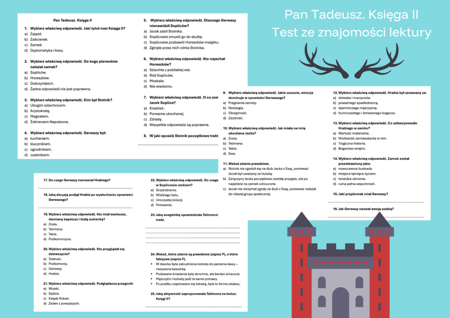Zestaw testów - Pan Tadeusz. Księgi I, II, IV, X, XI, XII