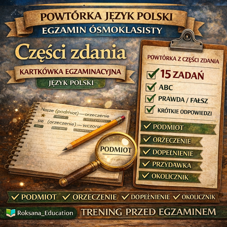 ✏️ Części zdania – kartkówka egzaminacyjna | powtórka przed egzaminem ósmoklasisty (15 zadań)