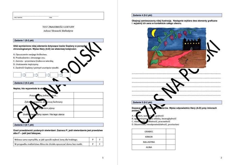 "Balladyna" - test znajomości lektury + wypracowanie