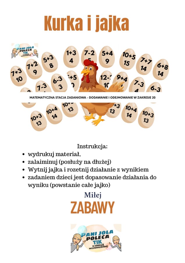 "Jajko i kura" matematyczna stacja zadaniowa - dodawanie i odejmowanie w granicach 20.