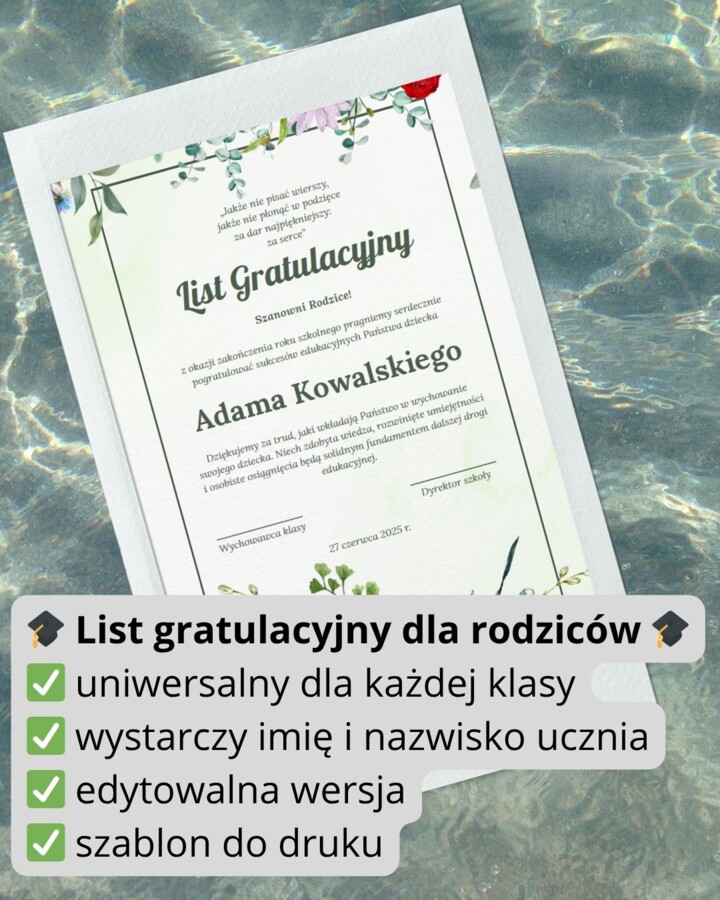 ✉️ List gratulacyjny dla rodziców – uniwersalny szablon na zakończenie roku