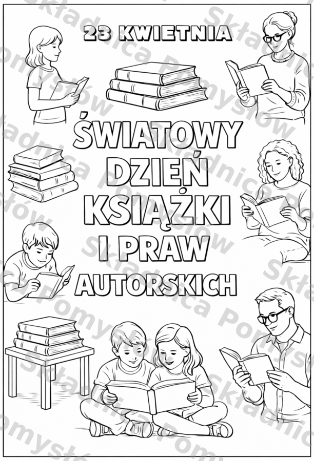 Światowy Dzień Książki i Praw Autorskich - plakat/kolorowanka XXL + miniatura A4 (pakiet); dekoracja, gazetka, karta pracy