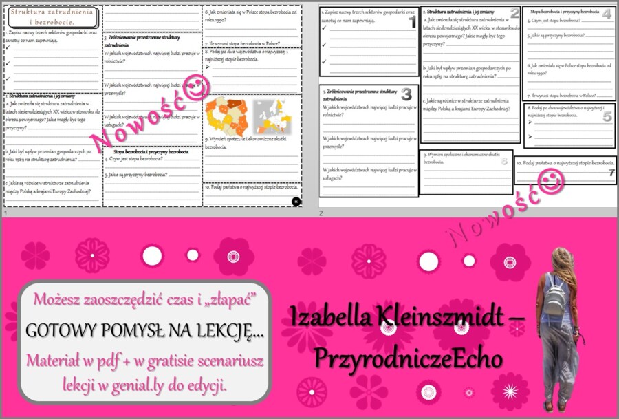Pomysł na lekcję/karta pracy/stacje zadaniowe/ notatki/ materiał do lekcji do tematu „Temat: Struktura zatrudnienia i bezrobocie.” w pdf. W gratisie niekomercyjny scenariusz lekcji/pomysł na lekcję w programie genial.ly do edycji. Geografia 7. Dział „Lud
