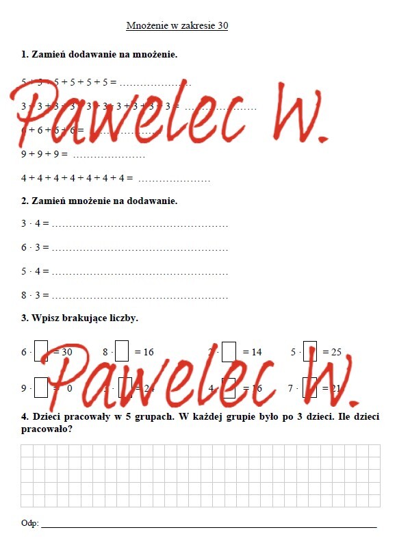 Mnożenie w zakresie 30 - karta pracy, kl. 2, 3