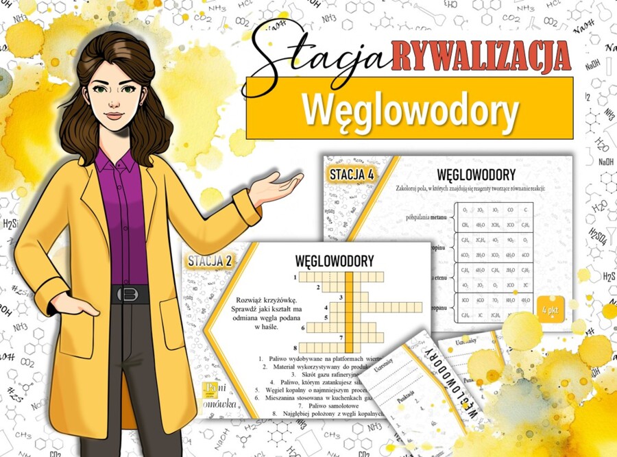 Stacja: RYWALIZACJA! Klasa 8. Chemia. Węglowodory. Powtórzenie wiadomości. Stacje zadaniowe. Praca grupowa. Zadanie. Gra dydaktyczna. MOC powtórki.