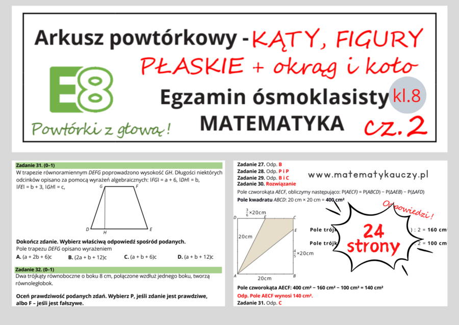 ARKUSZ POWTÓRKOWY kl.8 – KĄTY, FIGURY PŁASKIE, KOŁO i OKRĄG cz.2 + odpowiedzi / Wymagania od 2025 roku