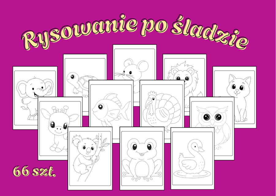 66 kolorowanek – rysowanie po śladzie - grafomotoryka ze zwierzątkami - kolorowanki - Dzień Zwierząt