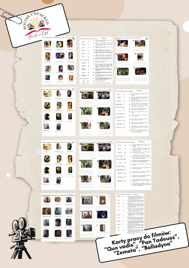 Pakiet 4 kart pracy – lektury w filmie i teatrze „Zemsta”, „Quo vadis”, „Balladyna”, „Pan Tadeusz” + odpowiedzi, egzamin ósmoklasisty z języka polskiego