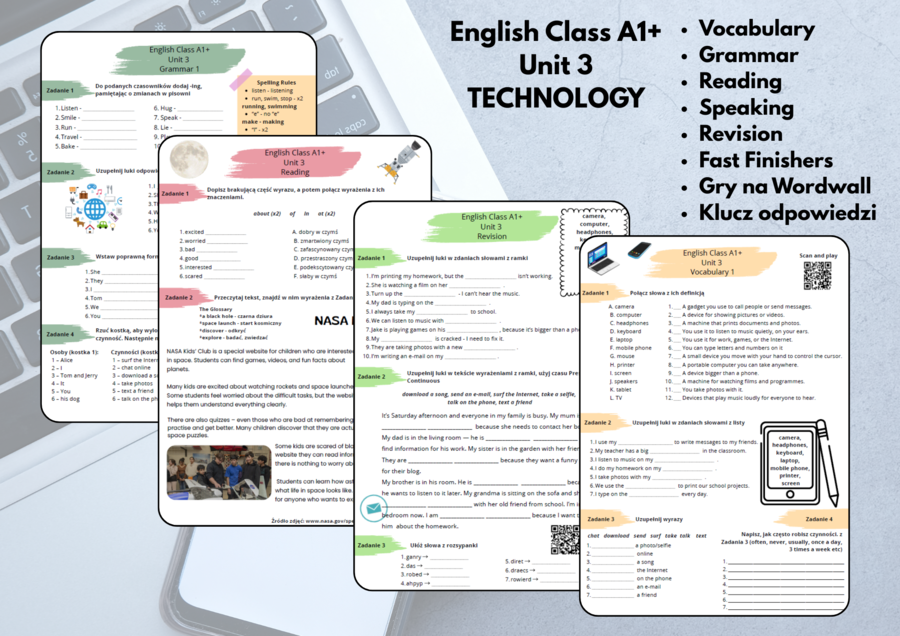 📱 English Class A1+ - Unit 3 - TECHNOLOGY FOR ALL - Zestaw kart pracy