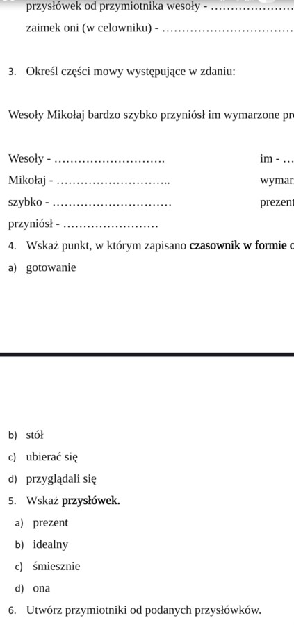 Części mowy - kartkówka bożonarodzeniowa, kl. 5