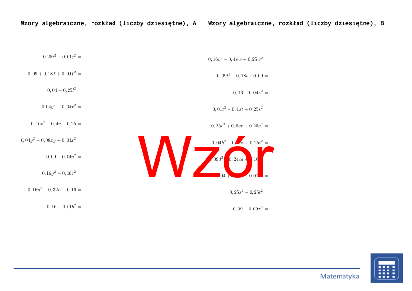 Wzory algebraiczne, rozkład (liczby dziesiętne) | matematyka, algebra | 26 kolumn