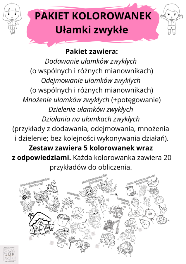 Pakiet kolorowanek - Działania na ułamkach zwykłych