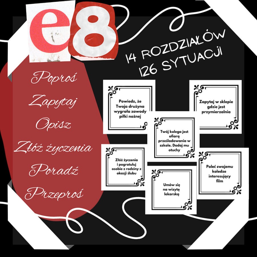E8 Karty sytuacyjne funkcje językowe egzamin ósmoklasisty rozdziały 1-14